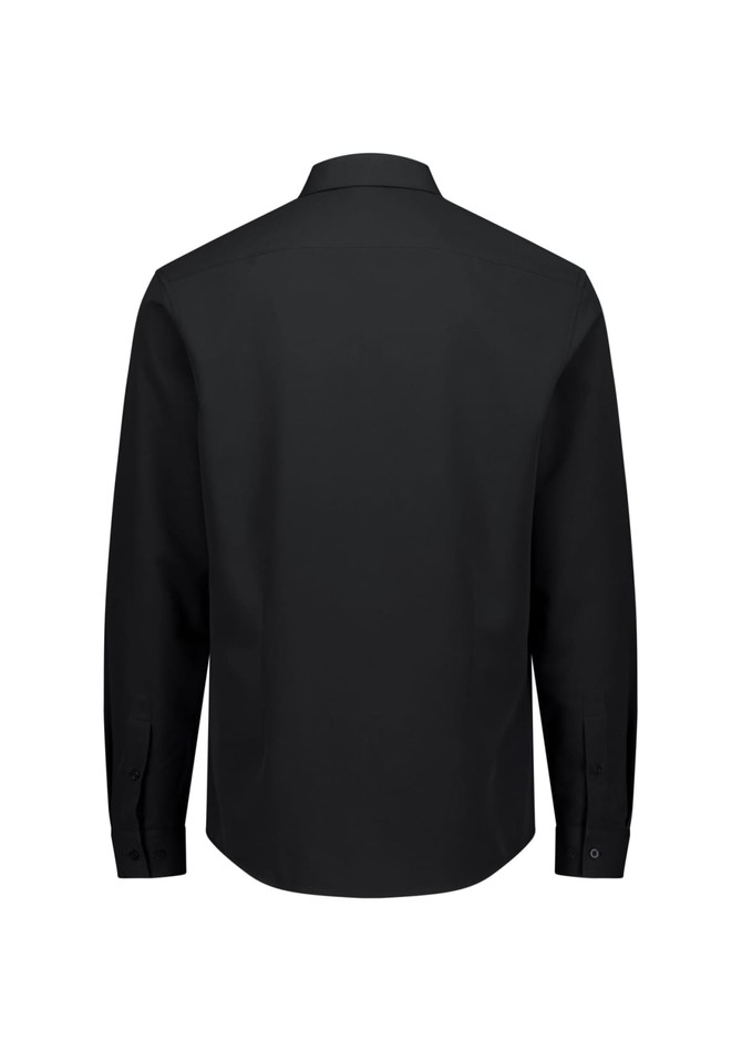 A black long sleeve men's shirt with a collar and buttoned cuffs, featuring a logo on the back.