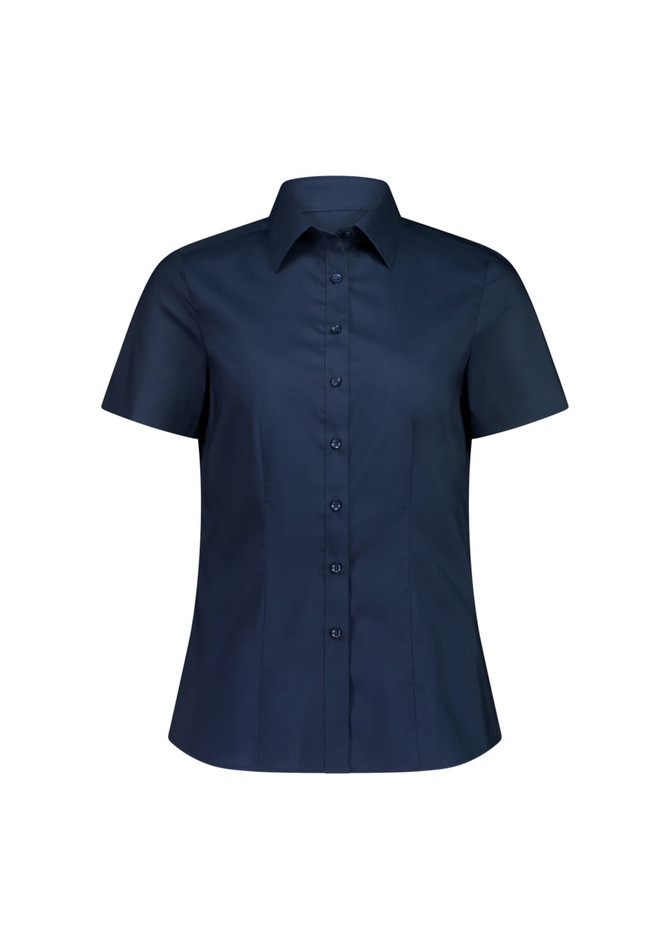 A navy blue short sleeve women's shirt with a button-up front and a collar. It features a branded logo.