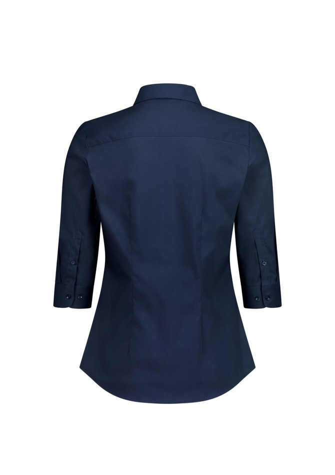 A navy women's 3/4 sleeve shirt with a collar and buttoned sleeves, featuring a logo on the back.