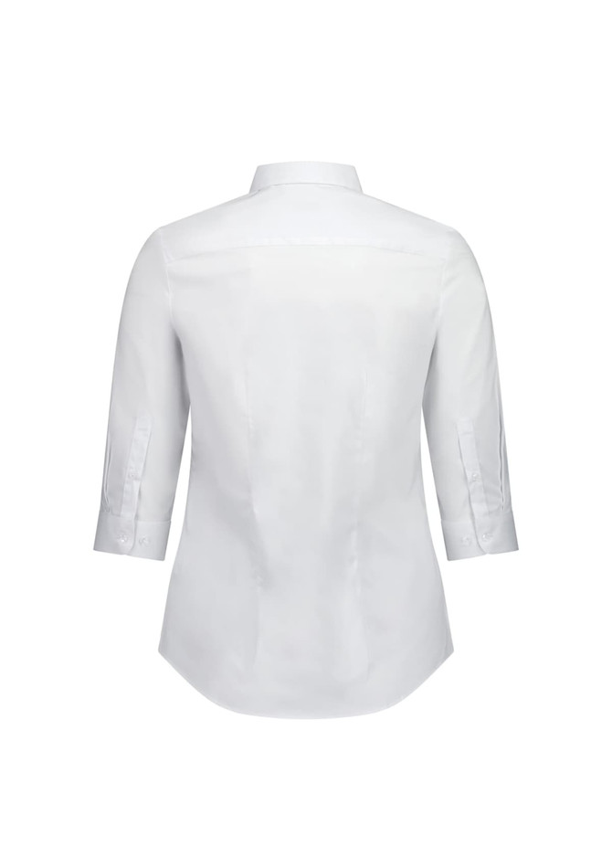 A white women's 3/4 sleeve shirt with a back view showing a classic collar and button detail. Features branding.