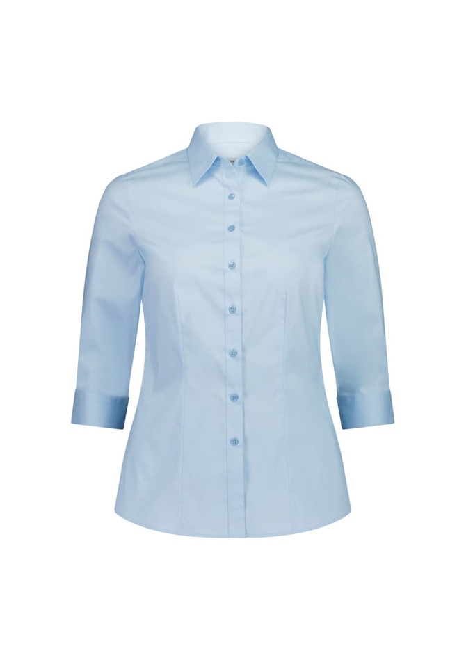 A light blue women's 3/4 sleeve shirt with a collared neckline and button-up front. It features a logo.