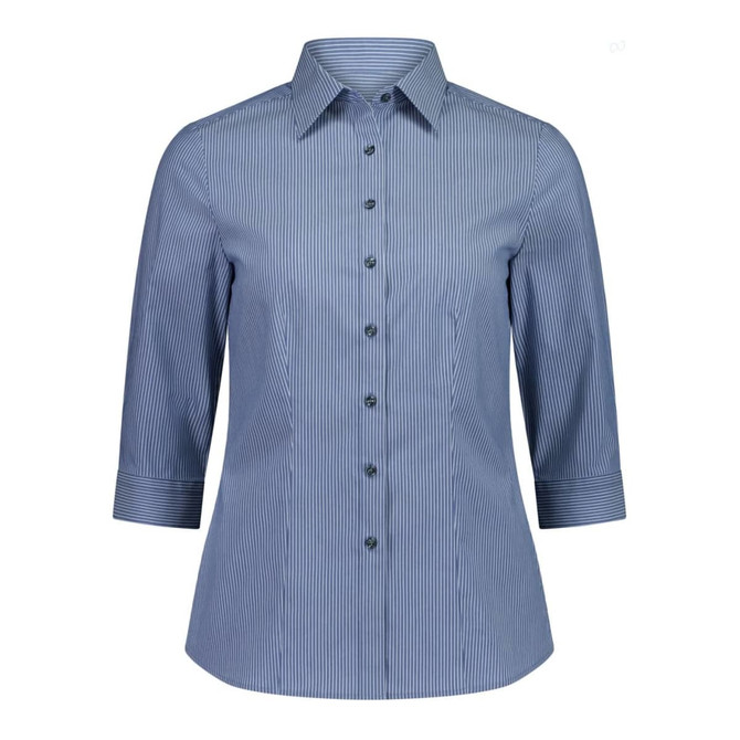 A blue and white striped women's 3/4 sleeve shirt with a collar and buttons, featuring a logo.