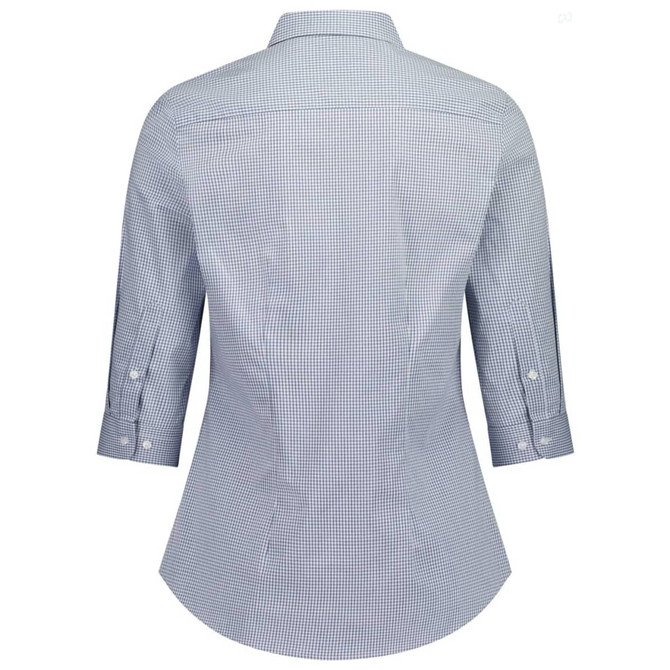 A women's 3/4 sleeve shirt in a blue and white check pattern, featuring a collar and button details. It has a logo.