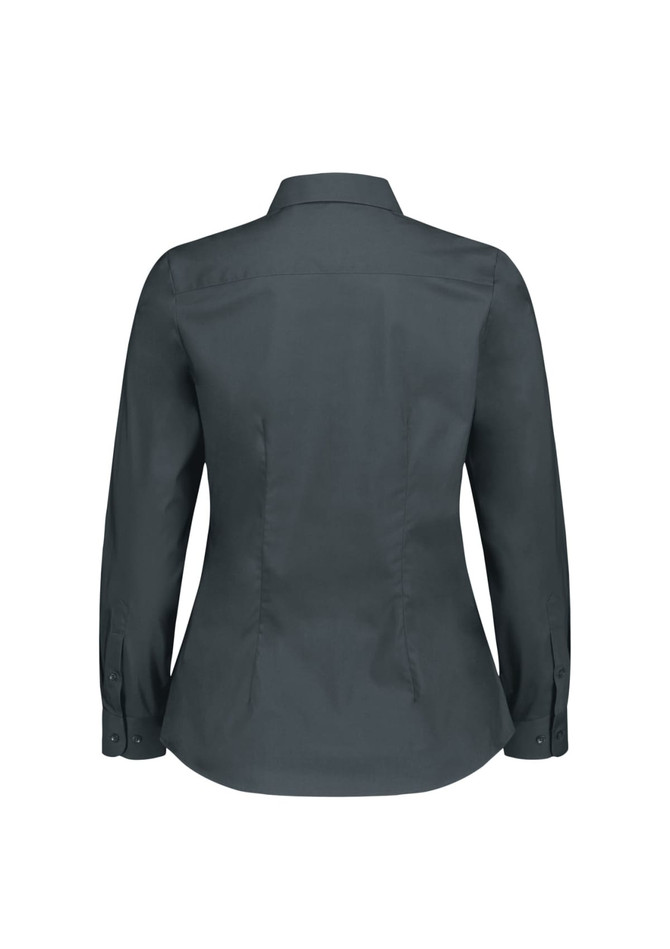 A women's long sleeve shirt in dark grey, featuring a classic collar and button cuffs, with a fitted silhouette.