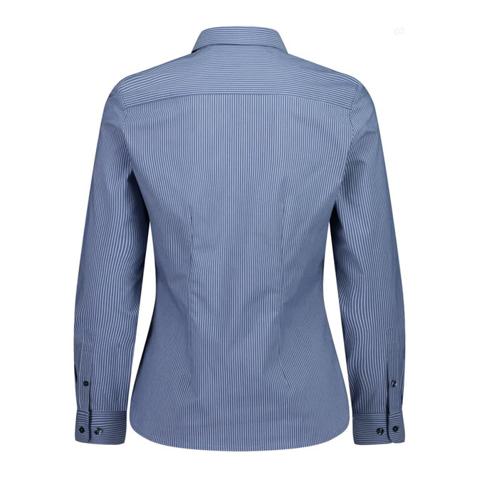 A women's long sleeve shirt in blue and white stripes, featuring a shirt collar and buttoned cuffs. It has a logo.