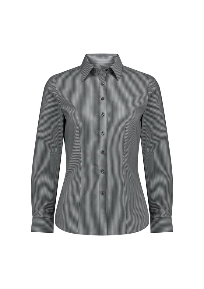A long sleeve women's shirt in black and white stripes, featuring a classic collar and button-down front.