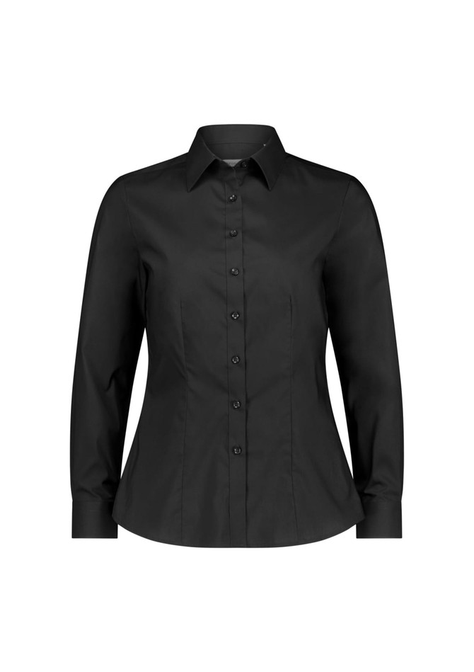 A black long sleeve women's shirt with a button-up front and collar, featuring a fitted design and a logo.