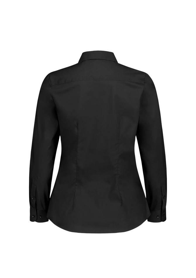 A black women's long sleeve shirt with a tailored fit and buttoned cuffs, featuring a logo on the back.