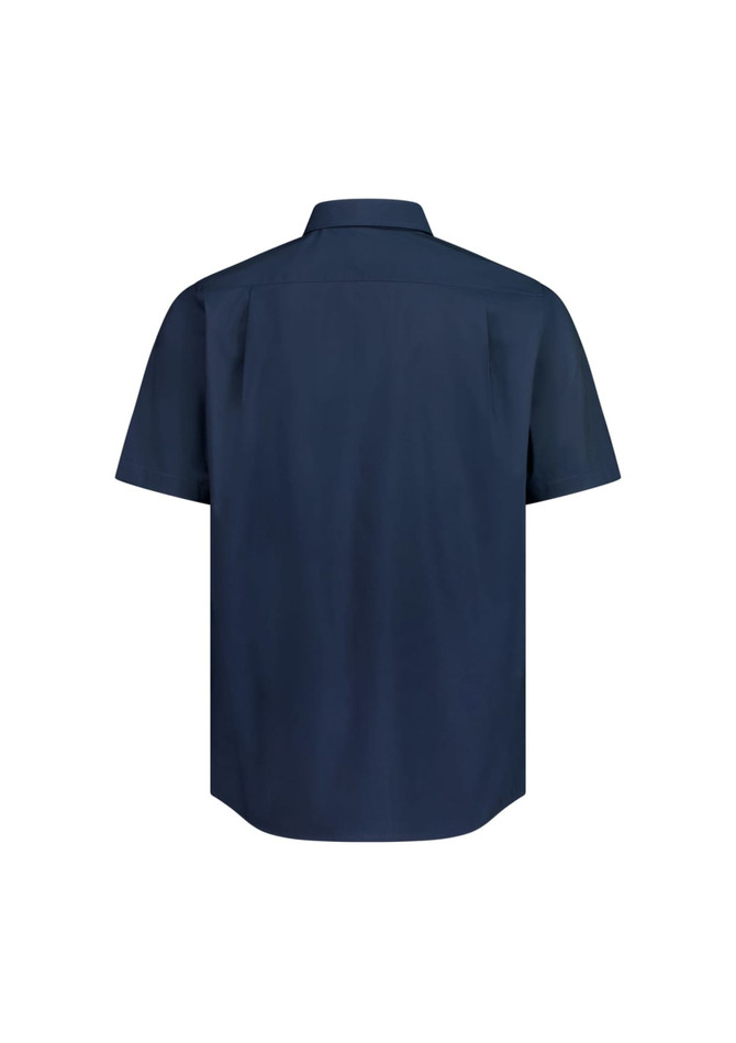 A classic fit men's short sleeve shirt in navy, featuring a simple back design and a logo.