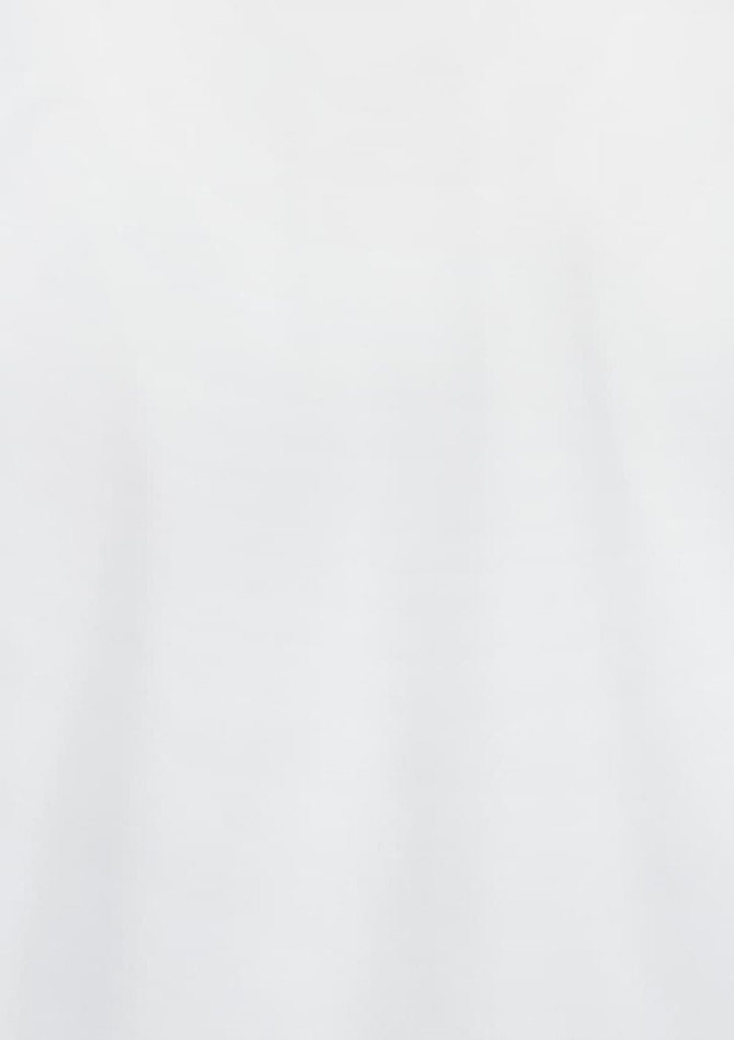 A white short sleeve women's shirt with a smooth texture, featuring a logo.