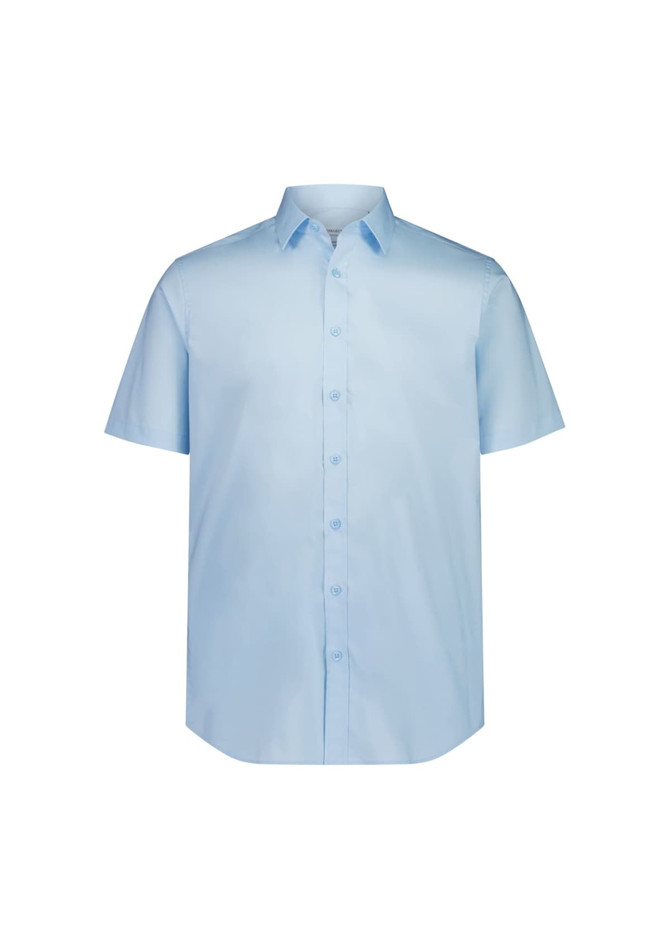 A short sleeve shirt in light blue with a classic fit and buttons down the front. It features a collar and has a logo.