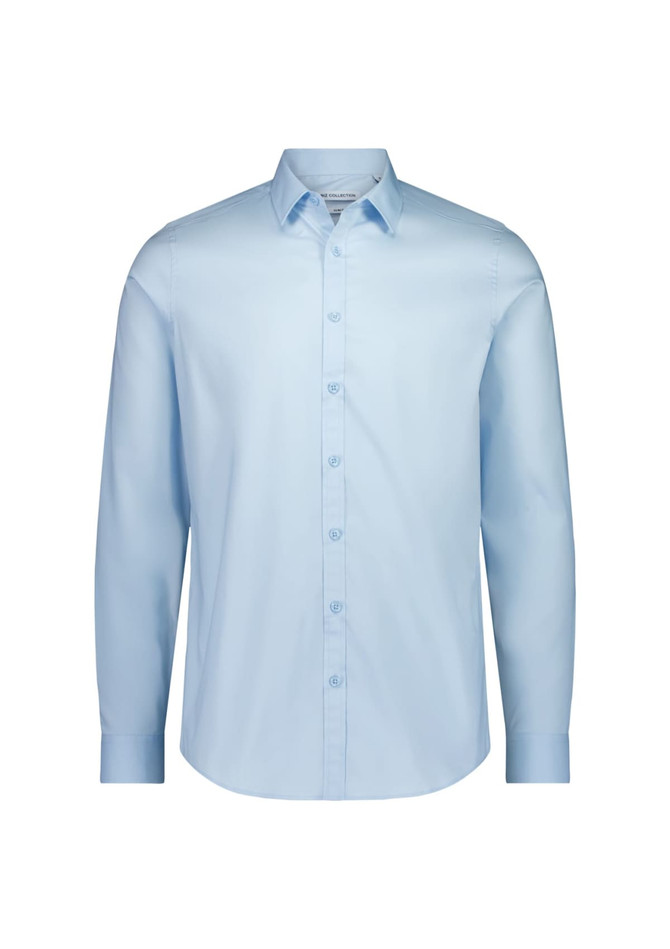 A light blue men's slim fit long sleeve shirt featuring a button-up design and a collar. It has a logo on it.