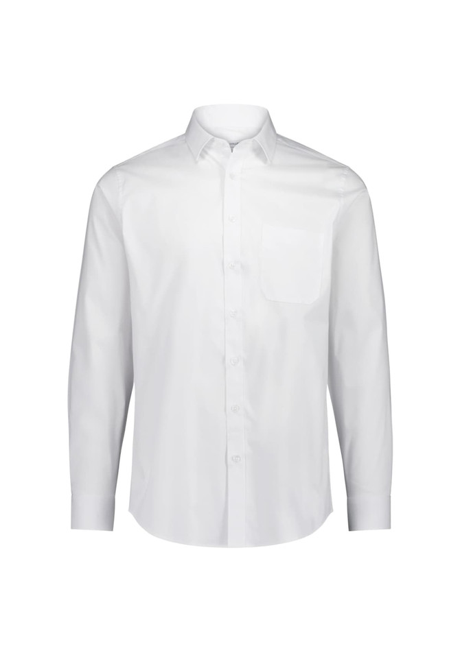 A white long sleeve shirt with a classic fit, featuring a chest pocket and a button-down collar. It has a logo.