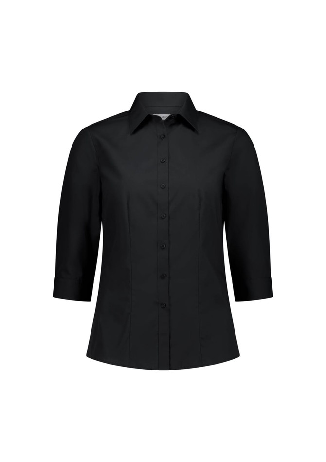 A black 3/4 sleeve women's shirt with a button-up front and tailored fit. It features a collar and has a logo.