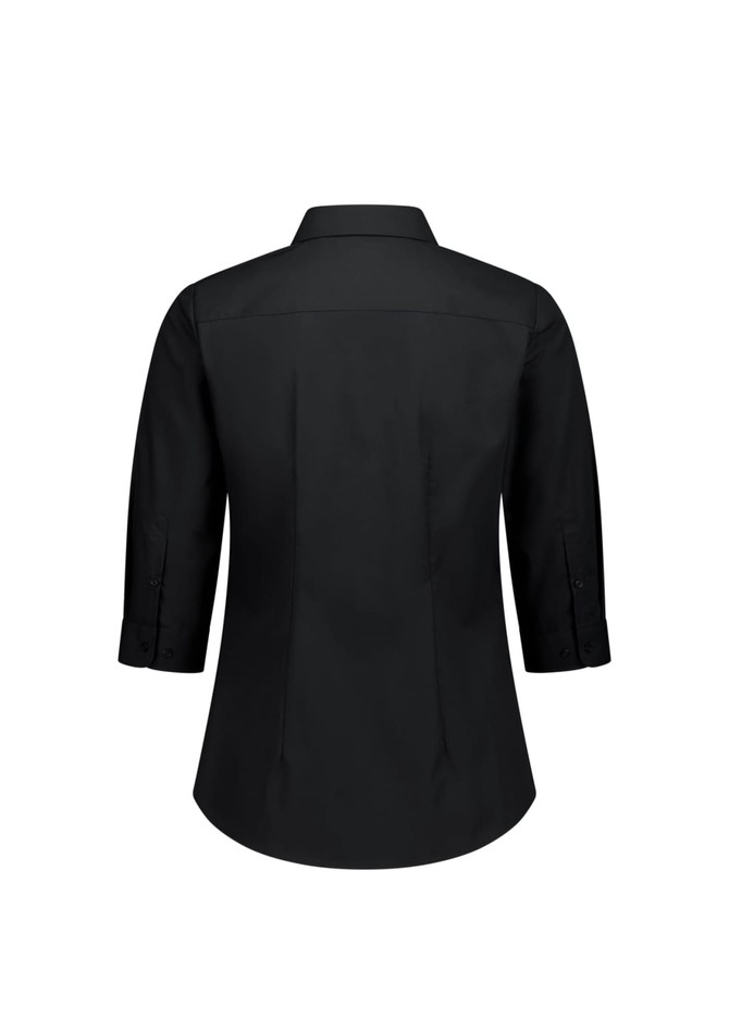 A black women's 3/4 sleeve shirt featuring a collared neckline and button details on the sleeves, with a plain back design.