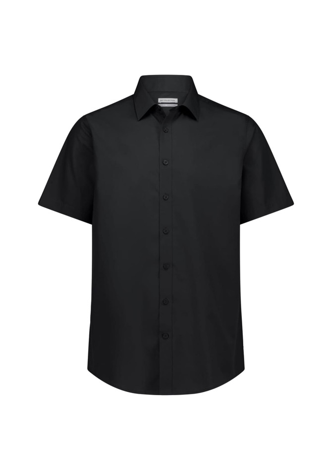 A black short sleeve shirt with a classic fit and button-down front. It features a collar and has a logo.