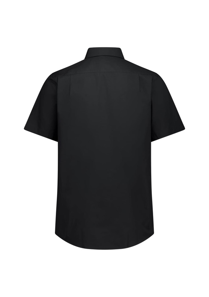 A classic fit short sleeve shirt in black, featuring a plain back and a collar. It has a logo on the label.