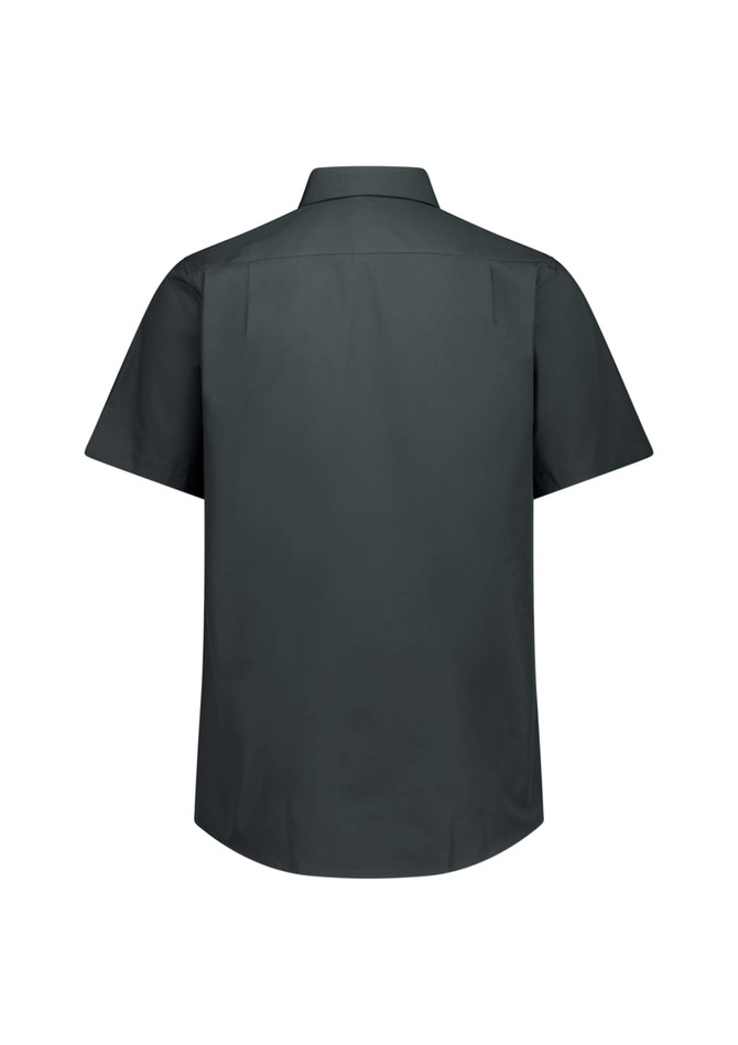 A short-sleeve shirt in a dark grey colour, featuring a classic fit and a back view with a logo.