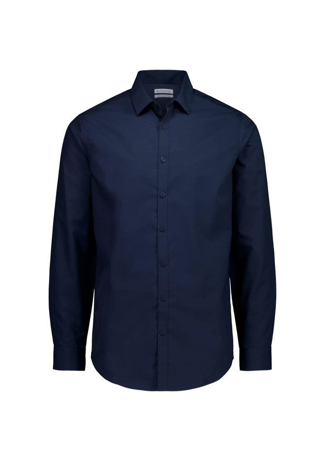 A navy long sleeve slim fit shirt with a button-up front and a collar, featuring branding.