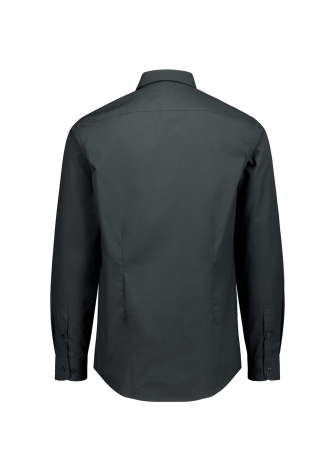 A men's slim fit long sleeve shirt in dark grey, featuring a collar and buttoned cuffs, with a logo.