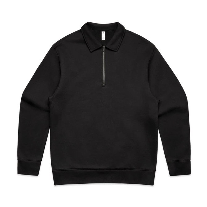 A black collared crew jumper with a zip and long sleeves, featuring a logo on the label.