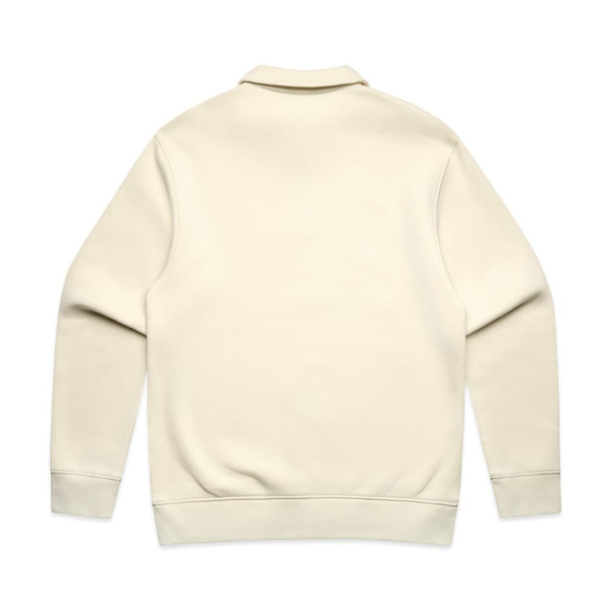 A cream-coloured collared crew jumper with long sleeves and a plain back. It has a logo at the collar area.