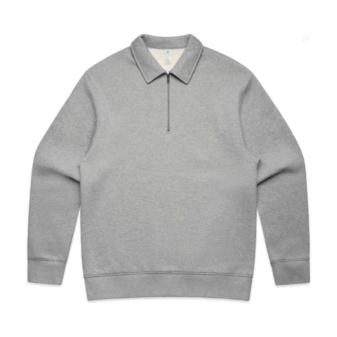 A grey collared crew jumper with a half-zip and long sleeves, featuring a subtle branding logo.