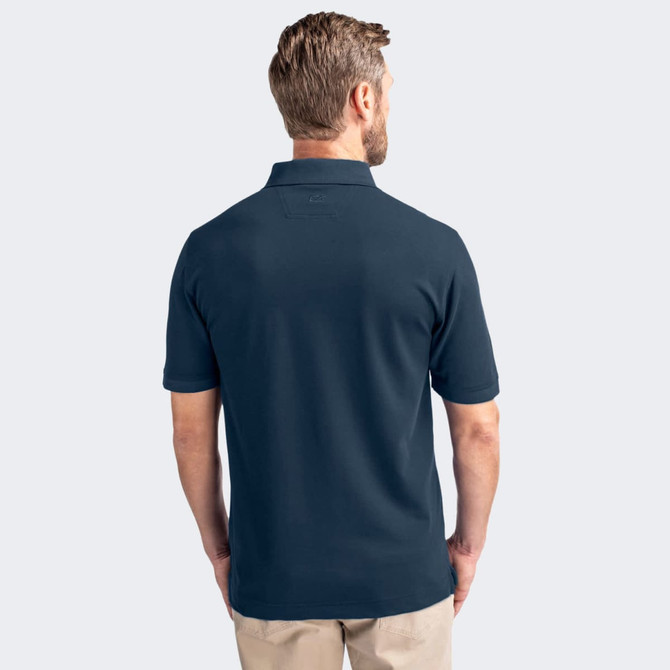 A navy men's polo shirt with a collar and short sleeves, featuring a logo on the back.