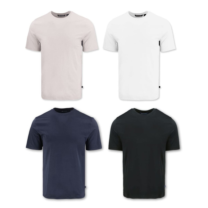 A collection of Cutter & Buck Coastline Epic Comfort Tees in light grey, white, navy, and black. Each shirt features a logo.