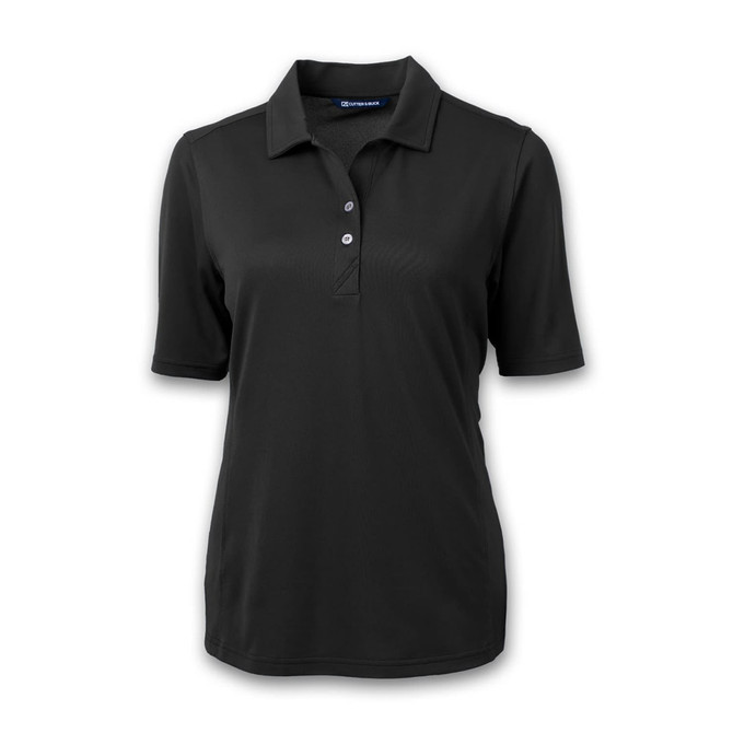 A women's polo in black with a collar, short sleeves, and a button placket. It features a logo.
