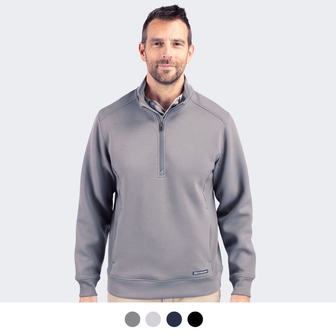 A half zip jacket in grey with a collar and long sleeves, featuring a logo on the chest.