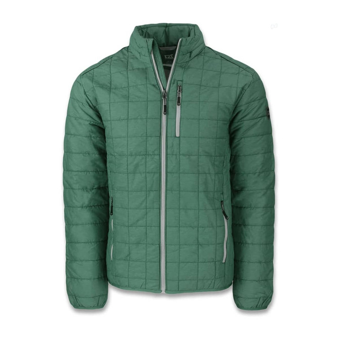 A green quilted men's jacket with a zip front and two side pockets, featuring branding.
