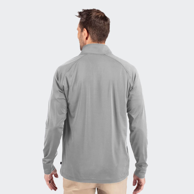 A men's half-zip pullover in a light grey colour, featuring long sleeves and a collar. It has a logo on the back.