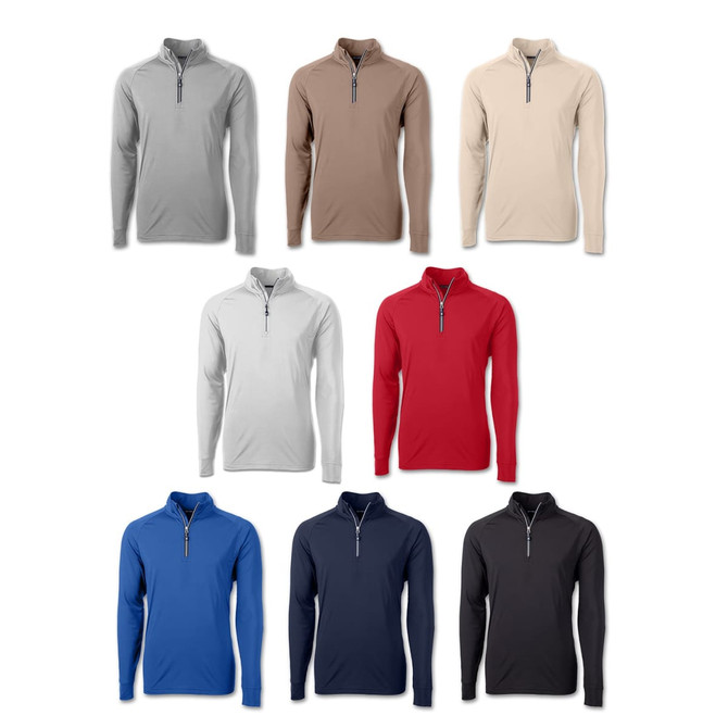 A collection of Cutter & Buck Adapt men's half zip tops in grey, beige, white, red, blue, navy, and black.