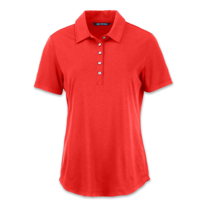 A red women's polo shirt with a collar and buttons, featuring a logo on one side.