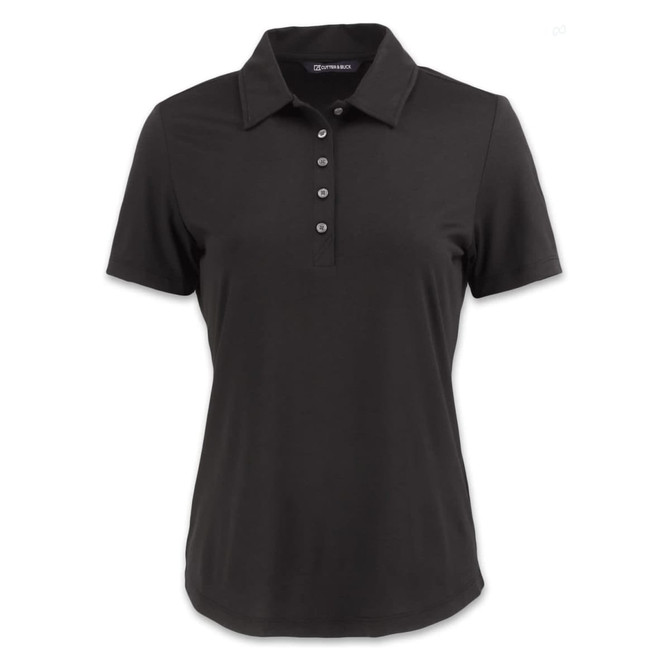 A black women's polo shirt with a collar and short sleeves, featuring a button placket and a logo.