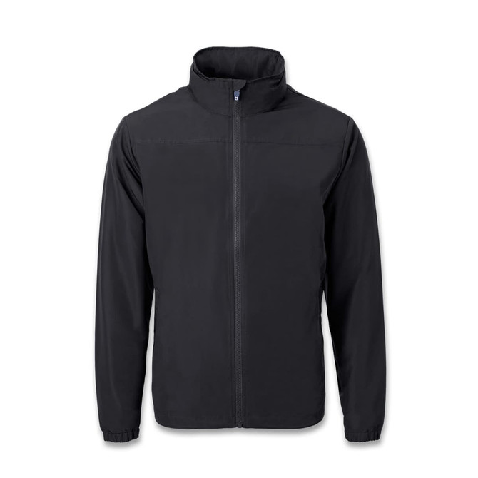 A black full zip jacket with a high collar and long sleeves. It features a logo on the front.