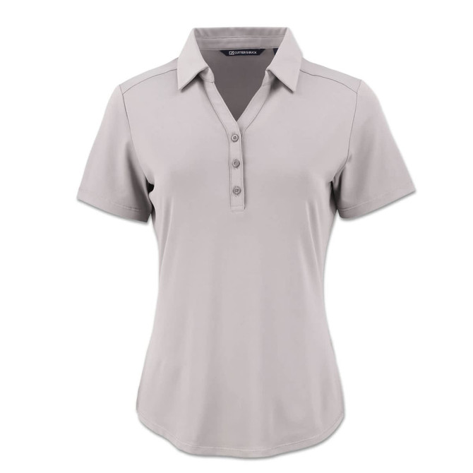 A women's polo shirt in light grey with a collar and button placket, featuring a logo.