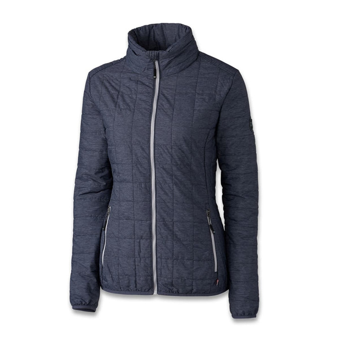 A navy women's jacket featuring a quilted design, zip closure, and side pockets with a logo.