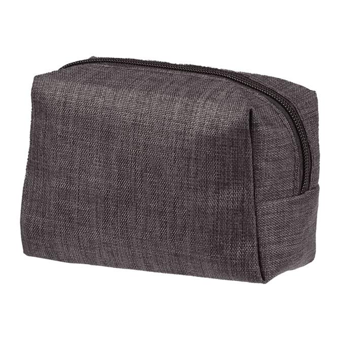 A grey zippered toiletry bag with a side pocket, featuring a textured fabric design.
