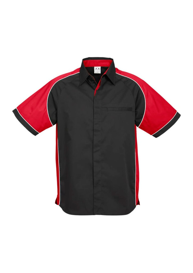 A short-sleeve button-up shirt in black with red accents and a logo on the chest pocket.