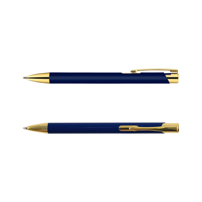 A metal pen in navy blue with gold accents, featuring a clip and a pointed tip, displayed from two angles.