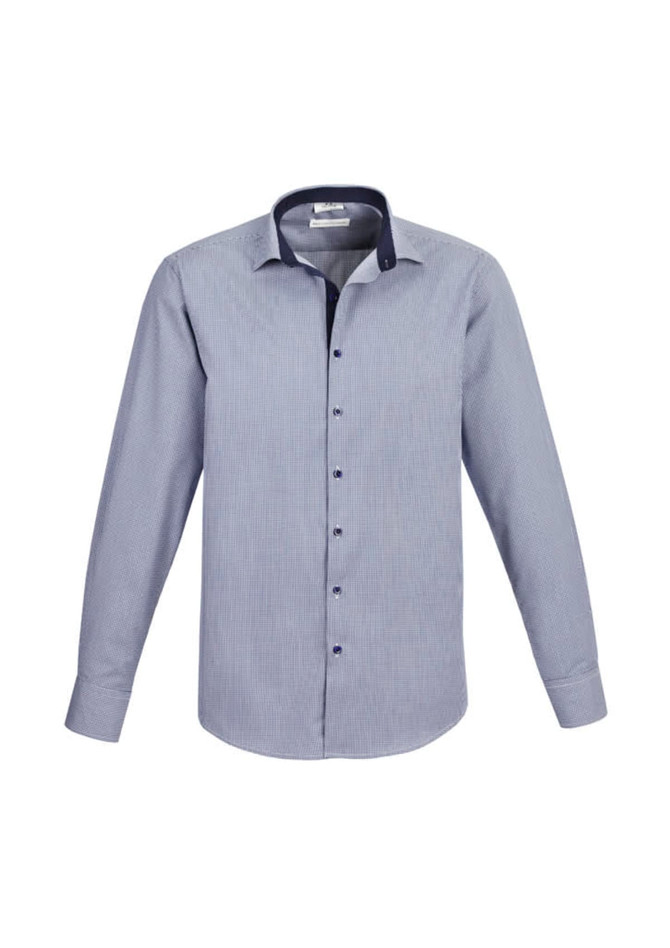 A long sleeve button-up shirt in a blue and white pattern, featuring a contrasting collar and cuffs, with a logo.