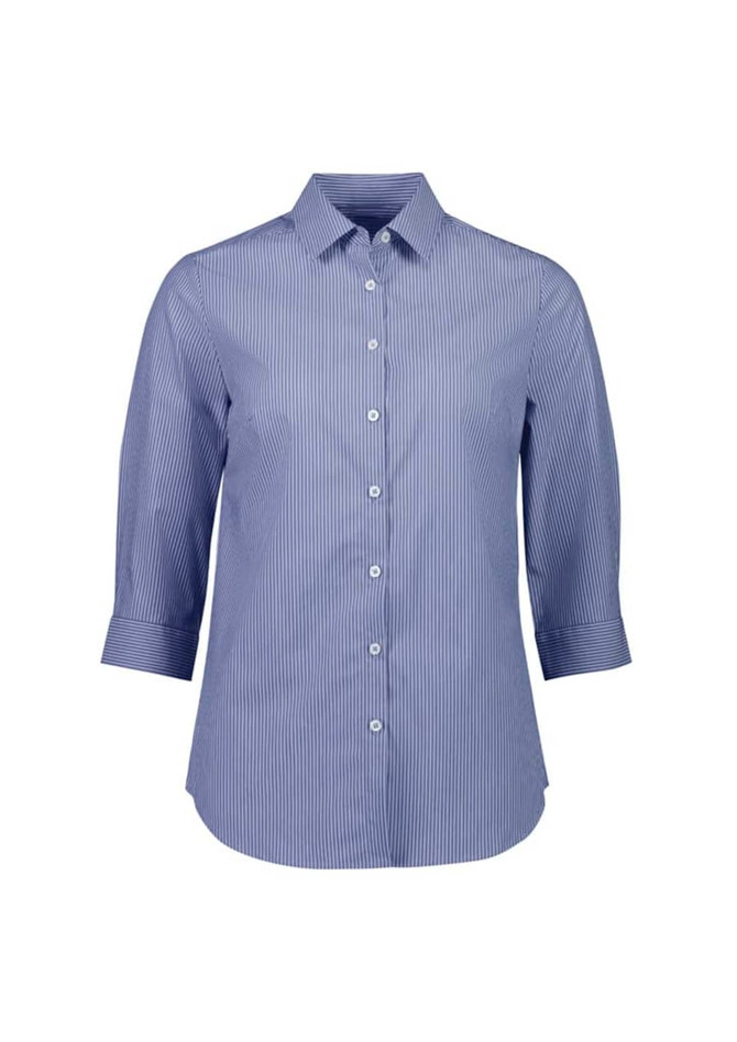 A women's blue and white striped button-up shirt with 3/4 sleeves and a collar. Features buttons down the front and a logo.