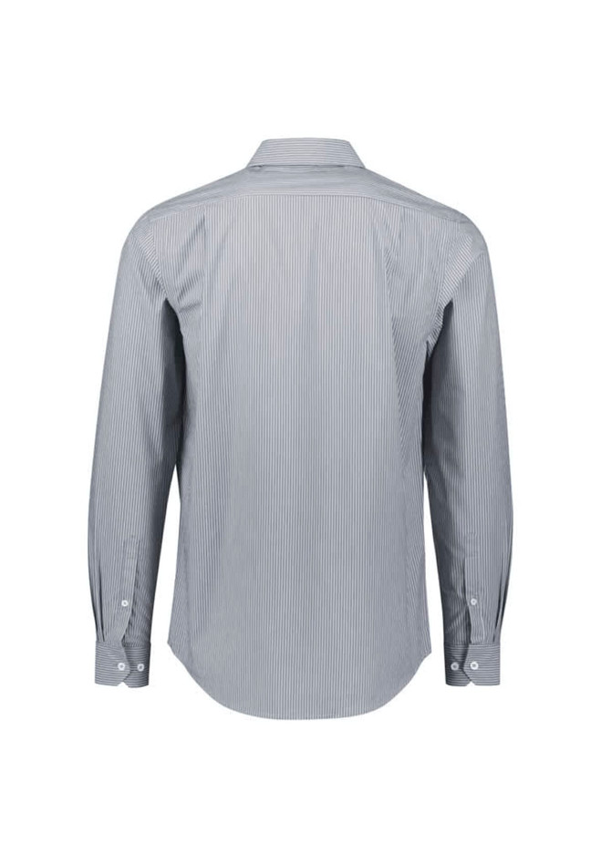 A long sleeve button-up shirt in grey with white vertical stripes, featuring a back view and a small logo.