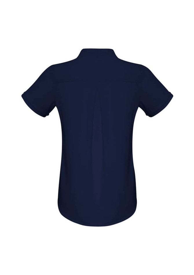 A navy blue women's button-up shirt featuring short sleeves and a back pleat. Includes a logo detail.