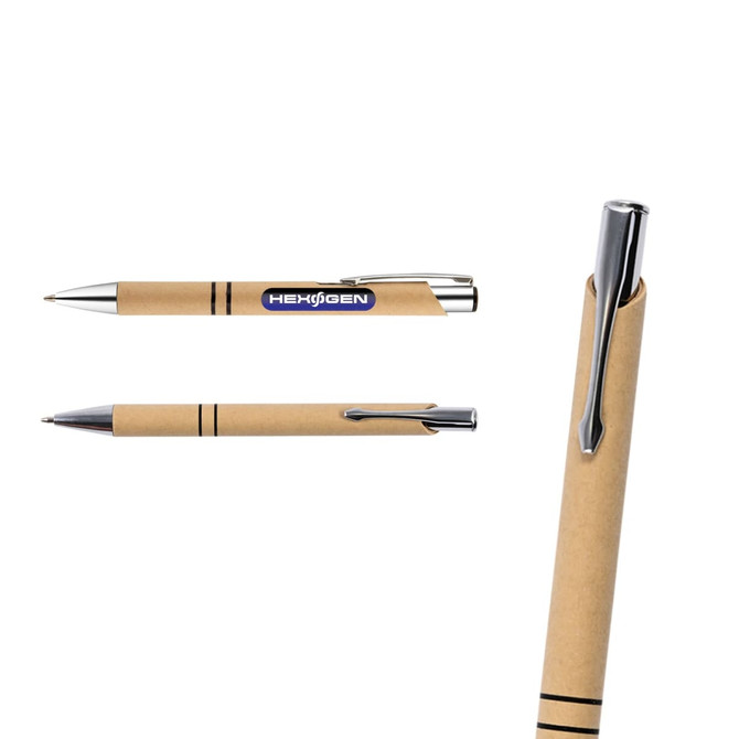 A paper pen with a brown body and metallic accents, featuring a logo and a clip for attachment.