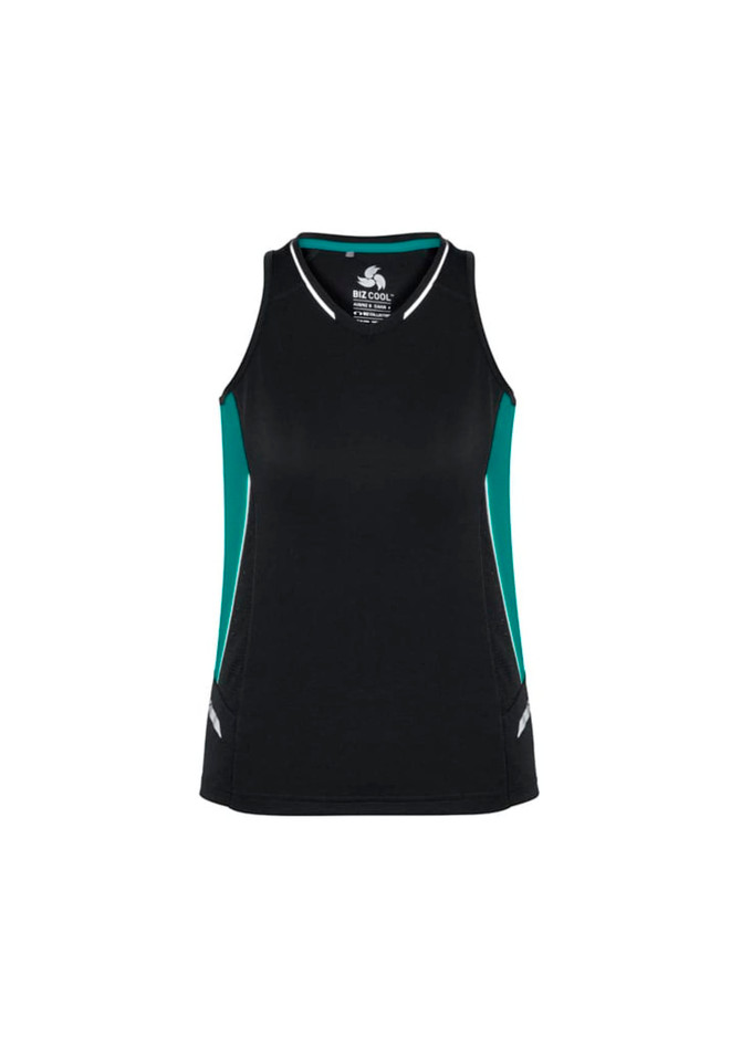 A black singlet with teal accents, featuring a logo on the front. Suitable for women's activewear.