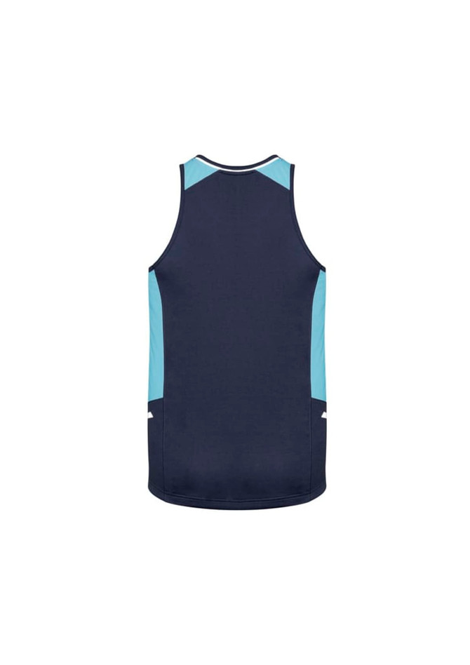 A navy blue singlet with light blue accents and a logo on the back. 
