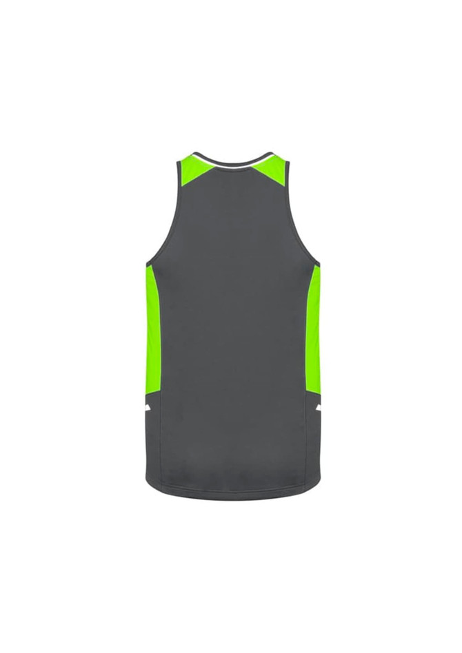 A grey singlet with bright green accents on the sides, featuring a logo on the back.